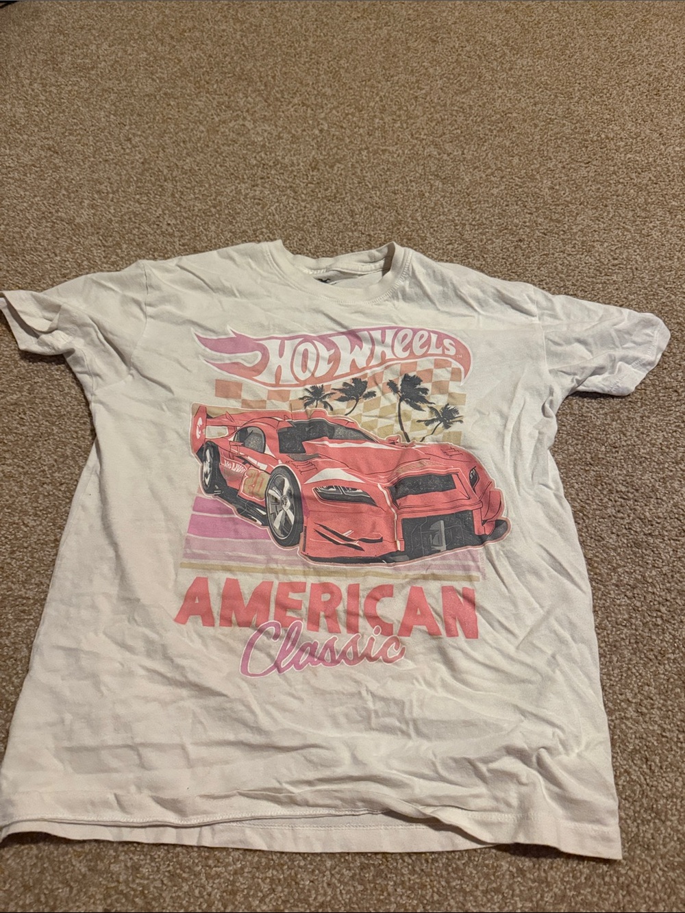 Hollister White Tee with Pink Red Race Car Graphic